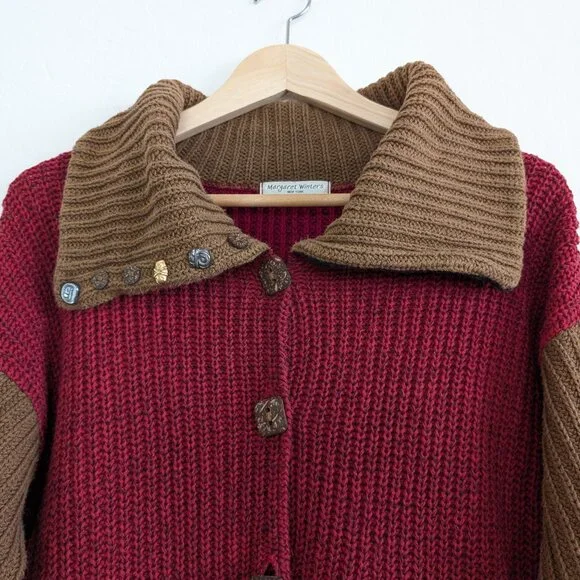 MARGARET WINTERS Cardigan S Red Brown Color Block Longline Button Front Sweater‎ - Picture 3 of 15